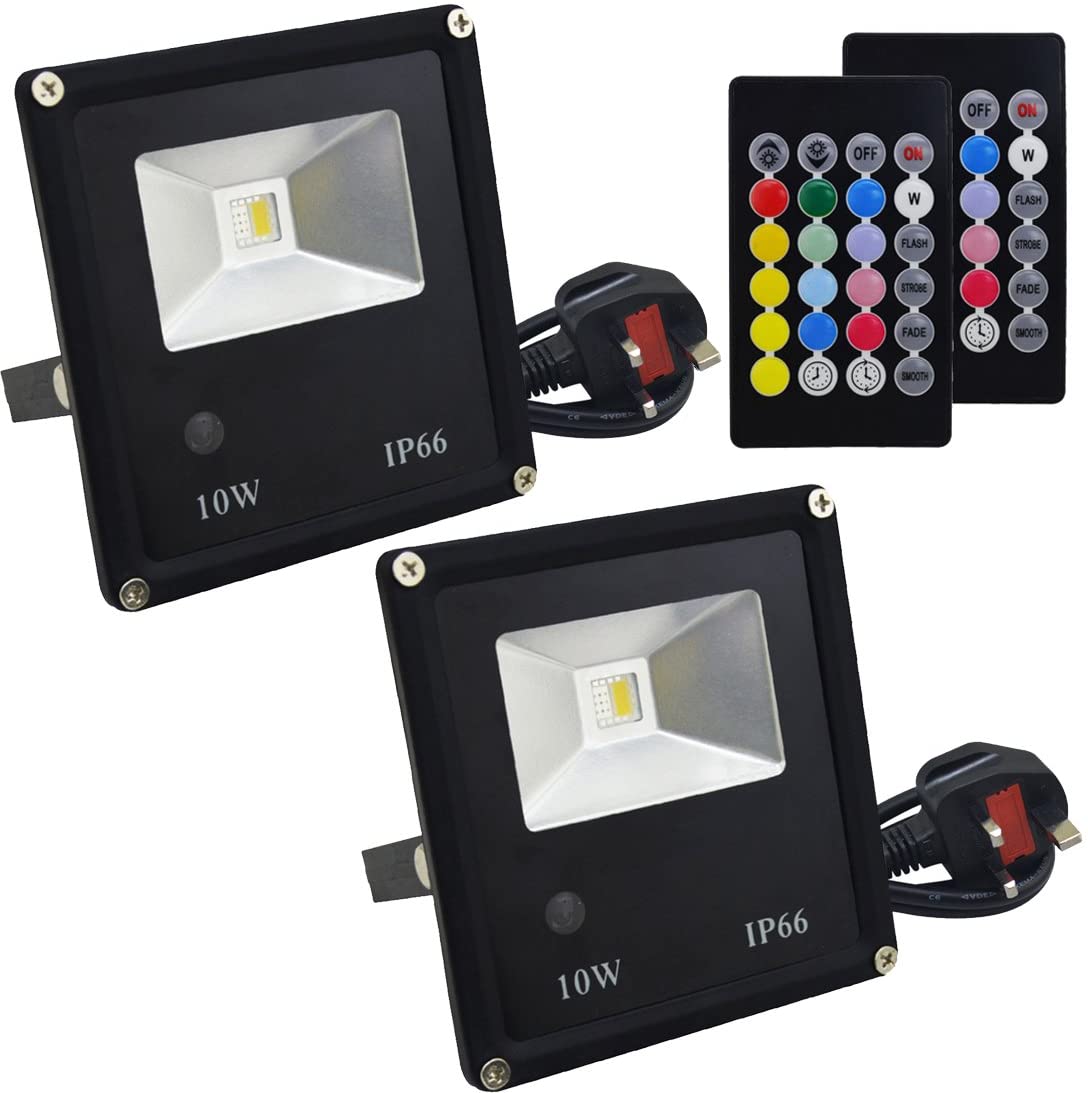 Pack of 2 LE 10W RGB Flood Light Dimmable Outdoor Lighting Waterproof 16 Colours and 4 Modes Floodlight with UK Plug Colour Changing LED Garden Light with Remote Control
